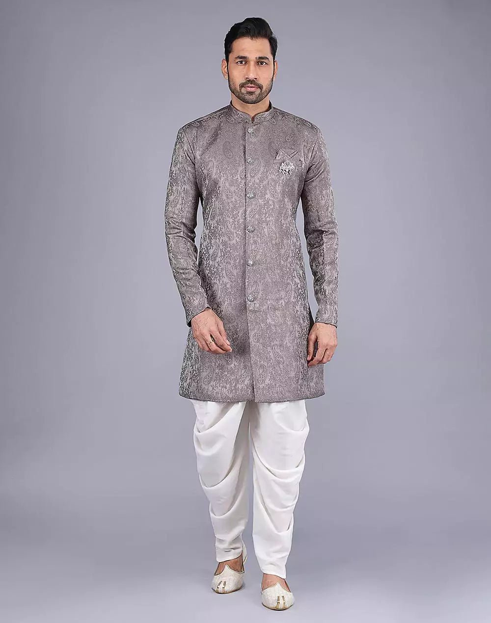 Image of Grey Floral Patterned Jacquard Semi - Indo - South India Shopping Mall