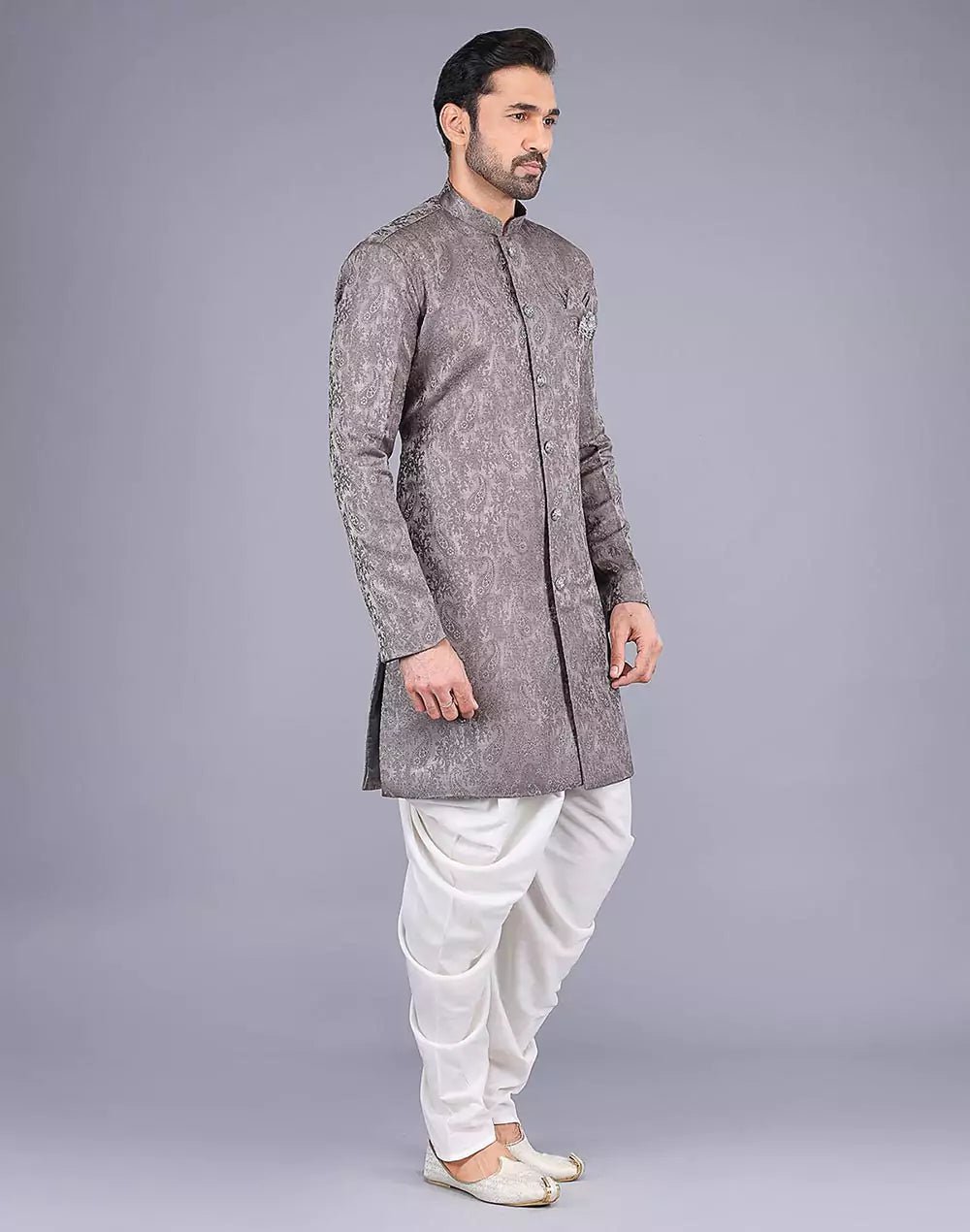 Image of Grey Floral Patterned Jacquard Semi - Indo - South India Shopping Mall