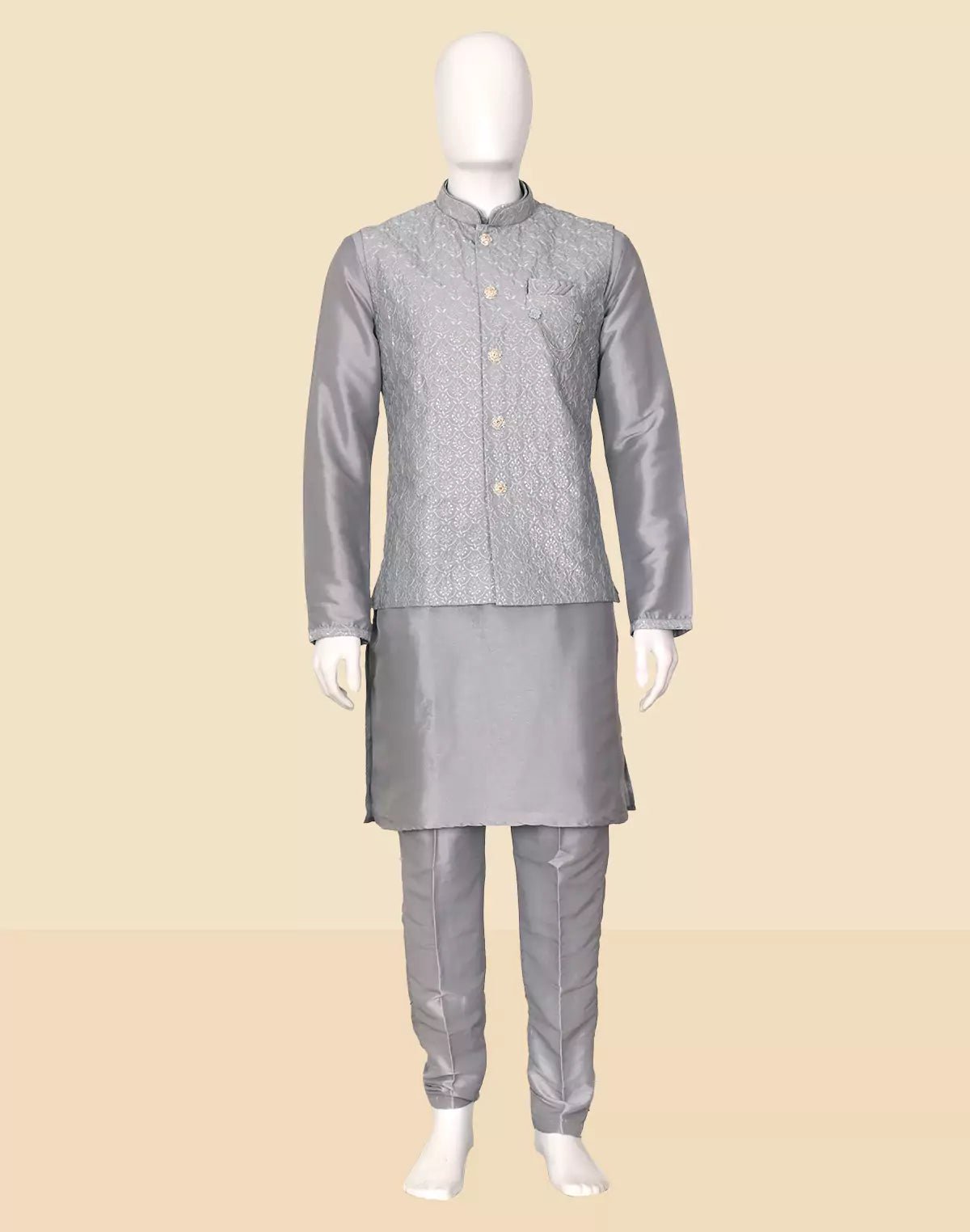 Image of Grey Floral Thread with Embellished work Jacquard Kurta Jacket Set - South India Shopping Mall