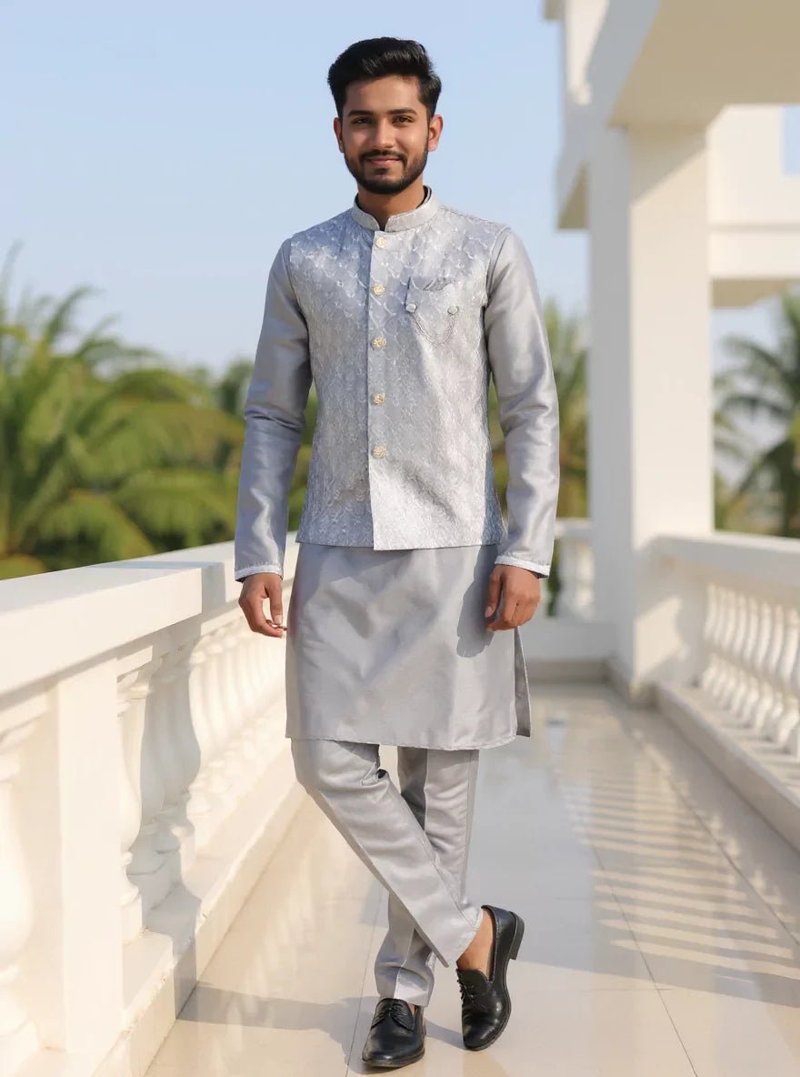 Image of Grey Floral Thread with Embellished work Jacquard Kurta Jacket Set - South India Shopping Mall