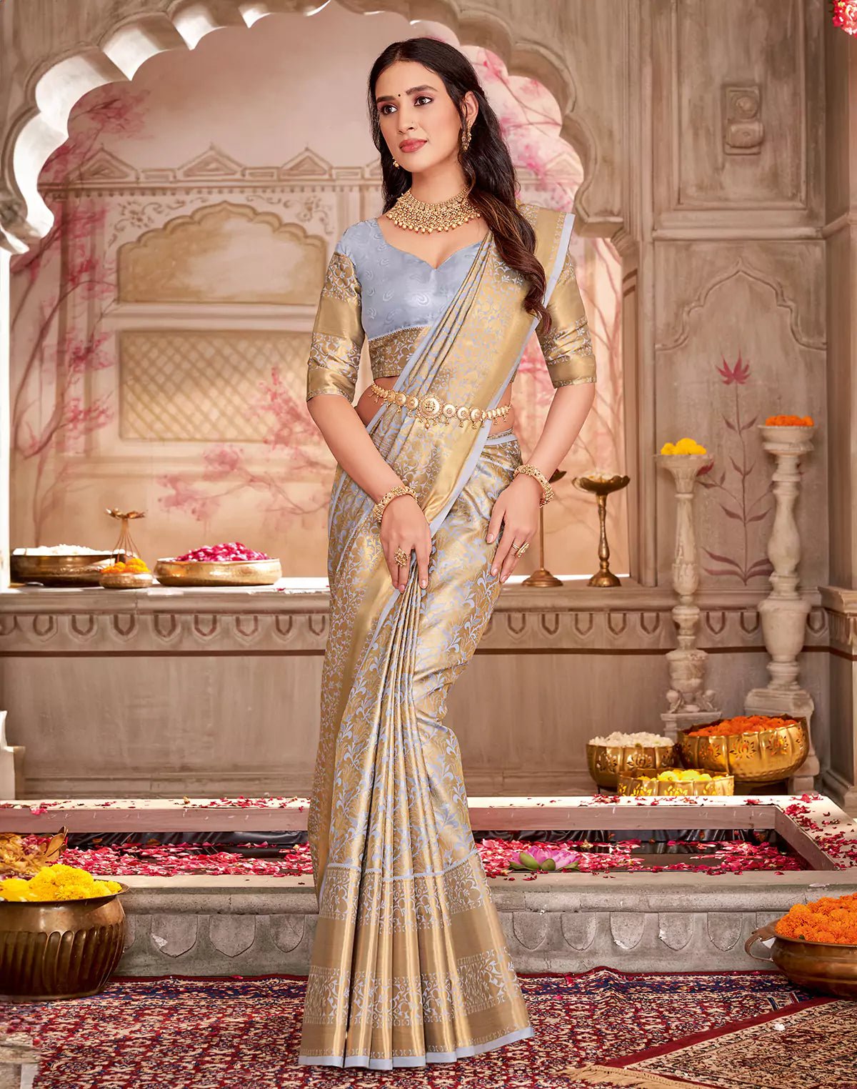 Image of Grey Floral Tissue Jaal Semi Silk Skut Border Saree - South India Shopping Mall