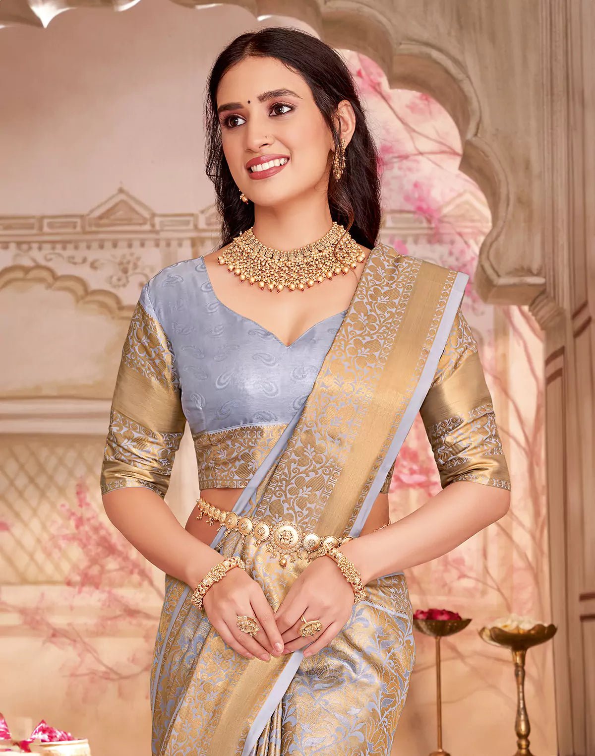 Image of Grey Floral Tissue Jaal Semi Silk Skut Border Saree - South India Shopping Mall