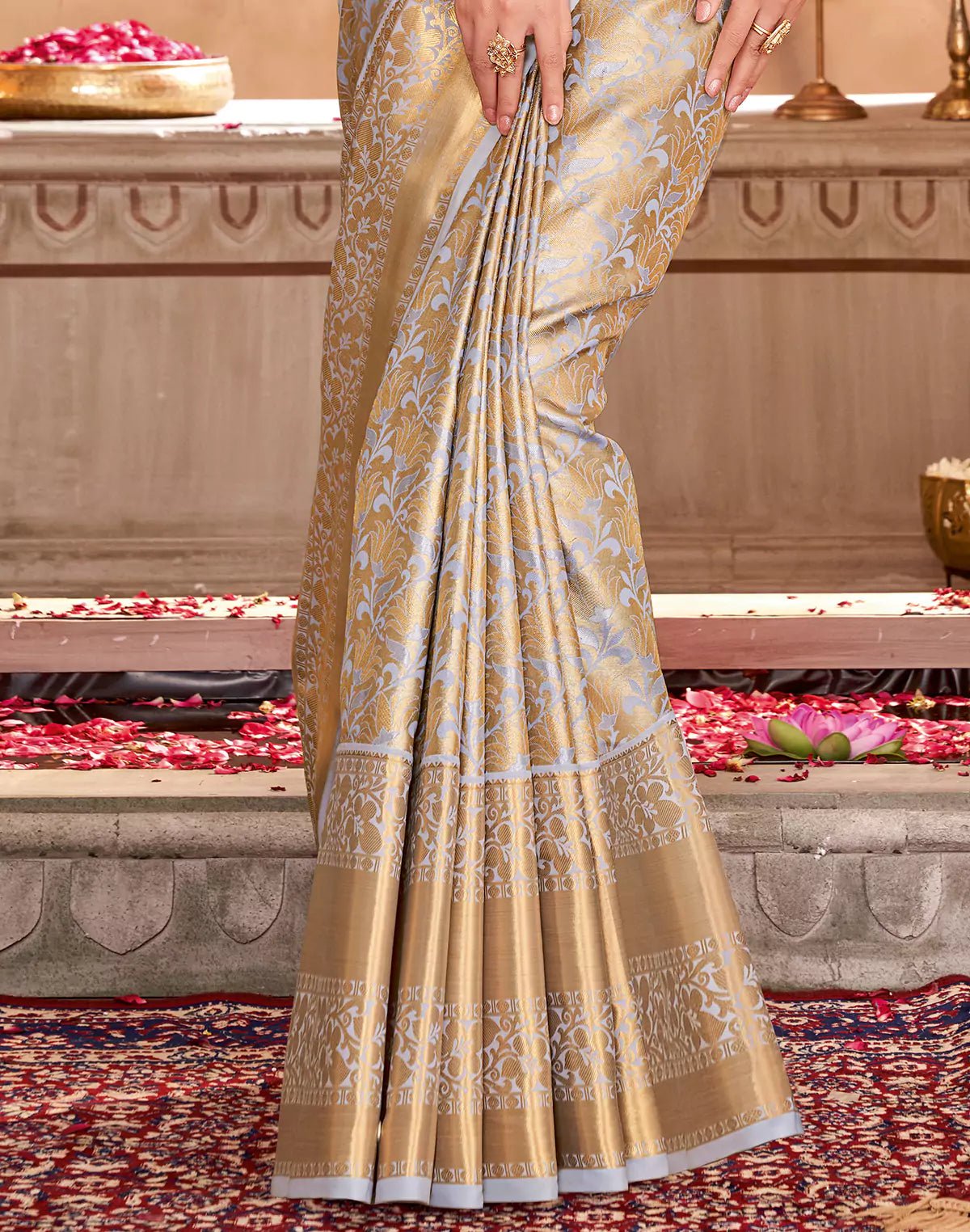 Grey Floral Tissue Jaal Semi Silk Skut Border Saree - South India Shopping Mall