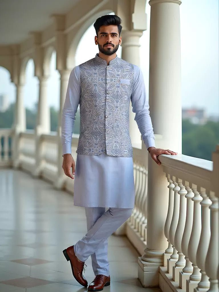 Image of Grey Giza Cotton Thread Embroidery Kurta Jacket Set - South India Shopping Mall