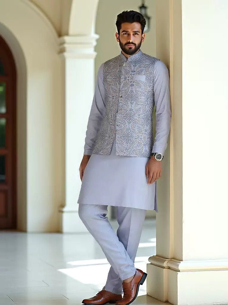 Image of Grey Giza Cotton Thread Embroidery Kurta Jacket Set - South India Shopping Mall