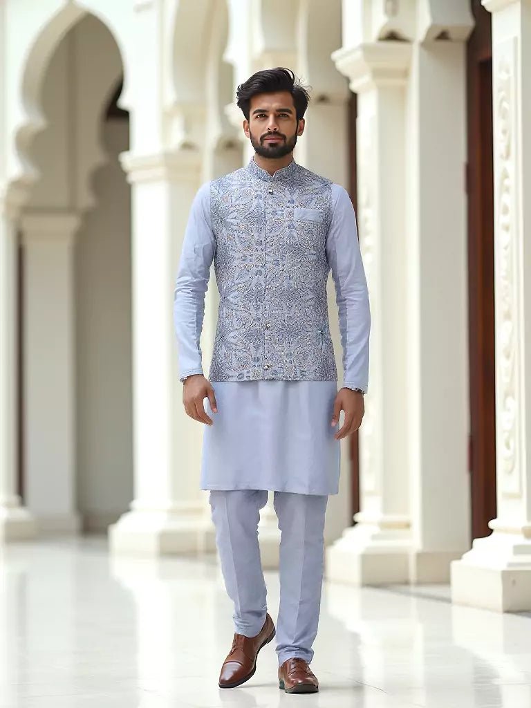 Image of Grey Giza Cotton Thread Embroidery Kurta Jacket Set - South India Shopping Mall