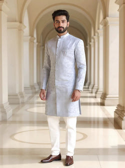 Grey Jacquard Semi-Indo for Men - South India Shopping Mall Grey Jacquard Semi-Indo for Men - South India Shopping Mall