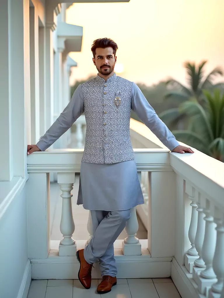 Image of Grey Milky Silk Floral Design Embroidery Party Wear Kurta Jacket - South India Shopping Mall