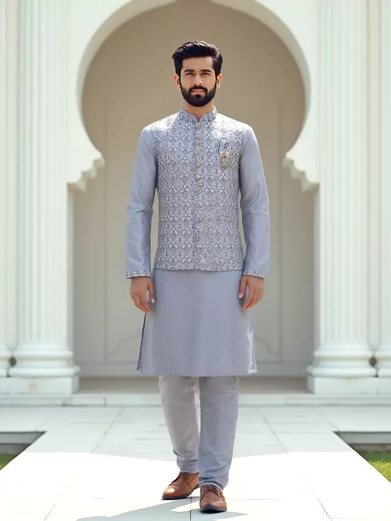 Image of Grey Milky Silk Floral Design Embroidery Party Wear Kurta Jacket - South India Shopping Mall