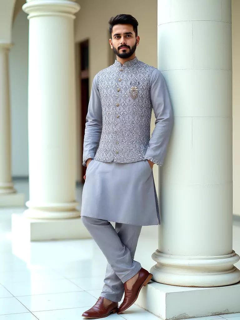 Image of Grey Milky Silk Floral Design Embroidery Party Wear Kurta Jacket - South India Shopping Mall