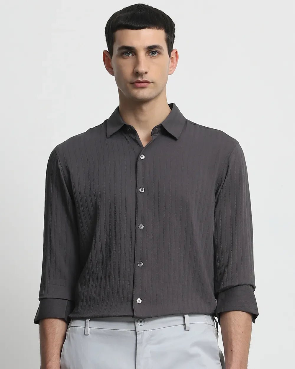 Image of Grey Plain Rayon and Nylon Fabric Full Sleeve Shirt - South India Shopping Mall