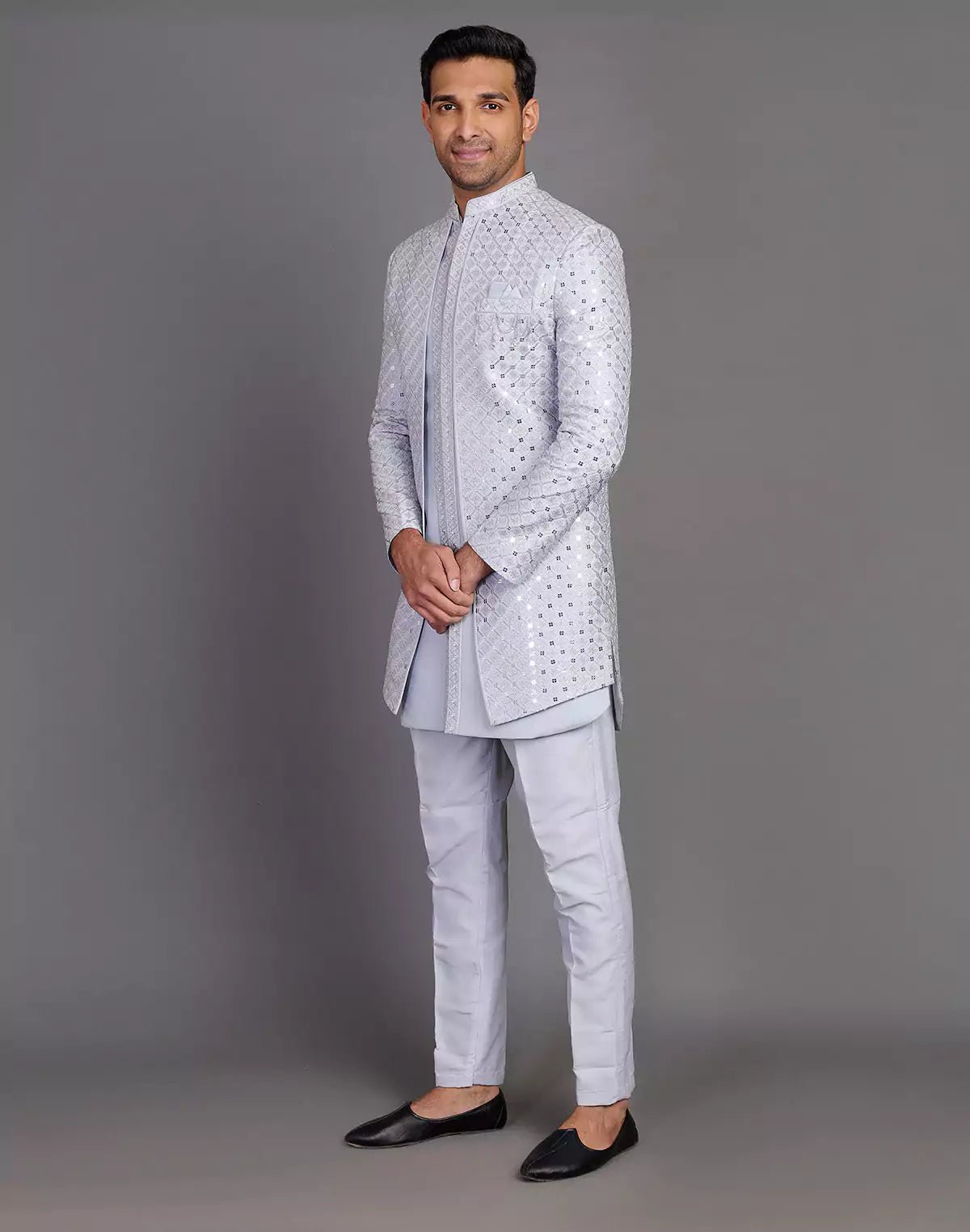 Image of Grey Self Highlighted Thread With Sequence Work Raw Silk Indo Open Jacket - South India Shopping Mall