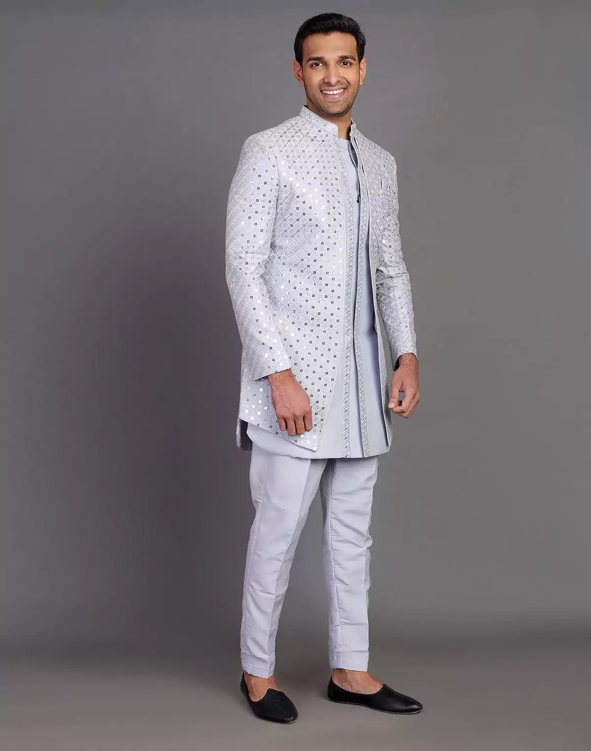 Image of Grey Self Highlighted Thread With Sequence Work Raw Silk Indo Open Jacket - South India Shopping Mall