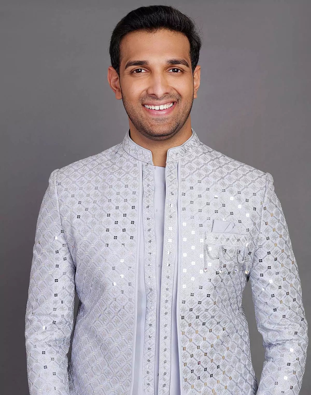 Image of Grey Self Highlighted Thread With Sequence Work Raw Silk Indo Open Jacket - South India Shopping Mall