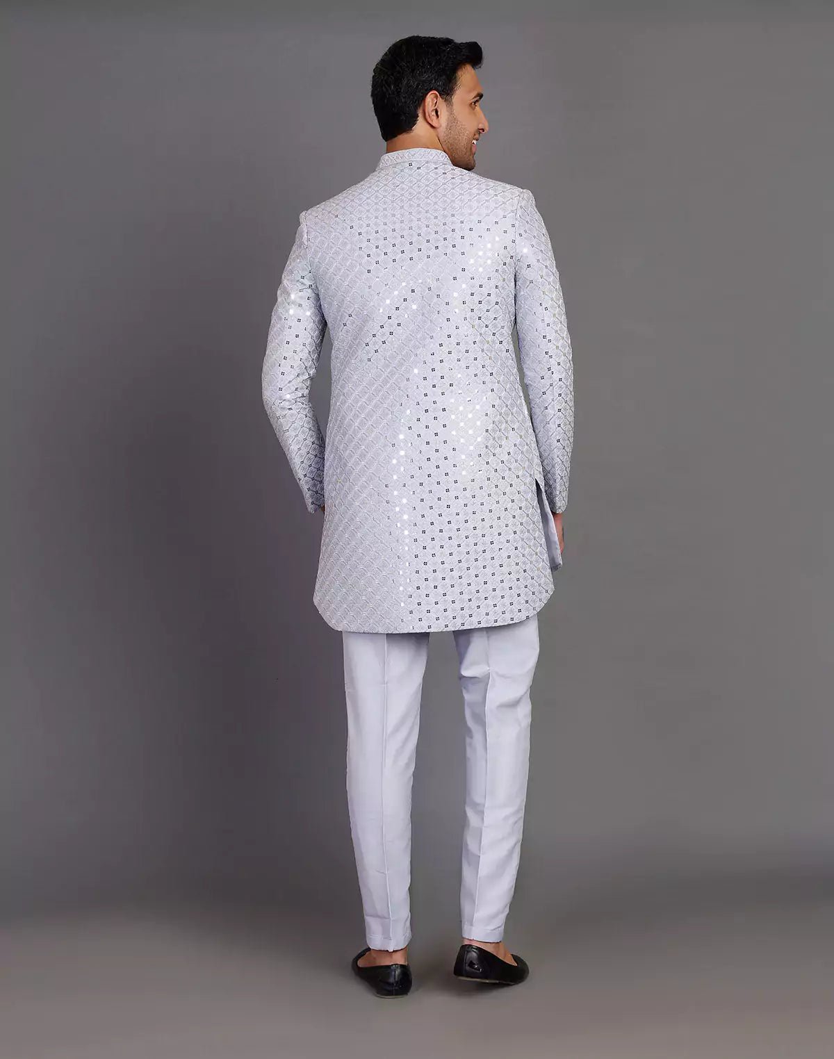 Image of Grey Self Highlighted Thread With Sequence Work Raw Silk Indo Open Jacket - South India Shopping Mall