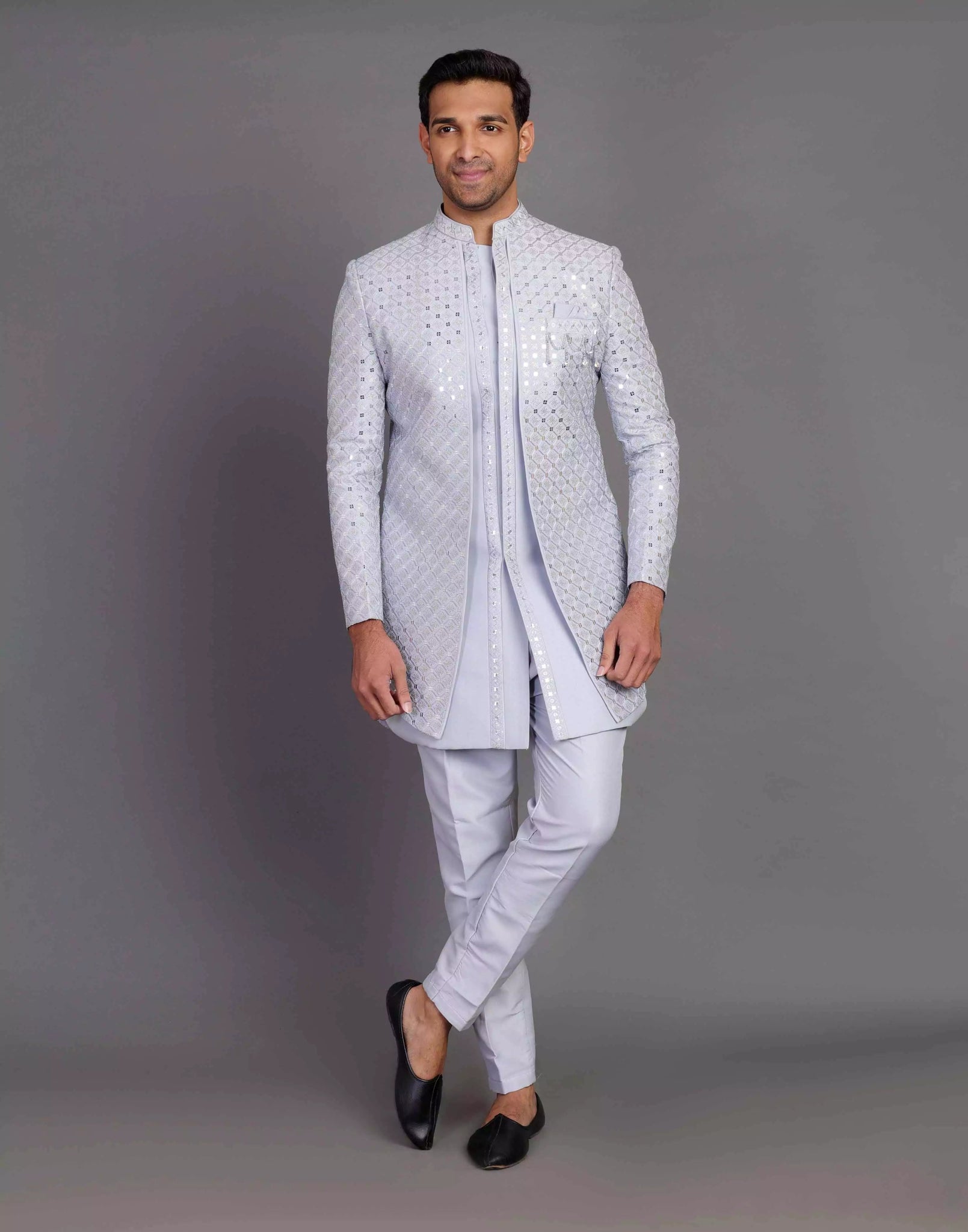 Image of Grey Self Highlighted Thread With Sequence Work Raw Silk Indo Open Jacket - South India Shopping Mall