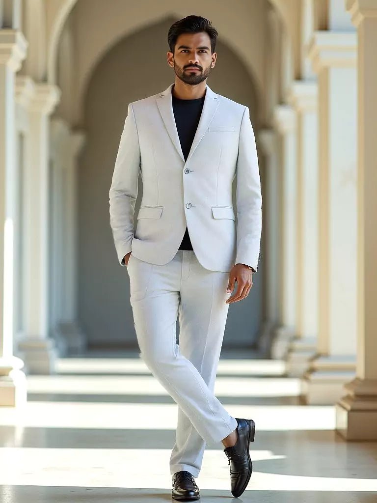 Image of Grey Self Textured Polyester Viscose Blend Blazer - South India Shopping Mall