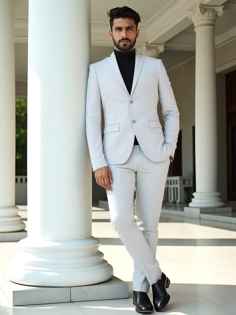 Image of Grey Self Textured Polyester Viscose Blend Blazer - South India Shopping Mall