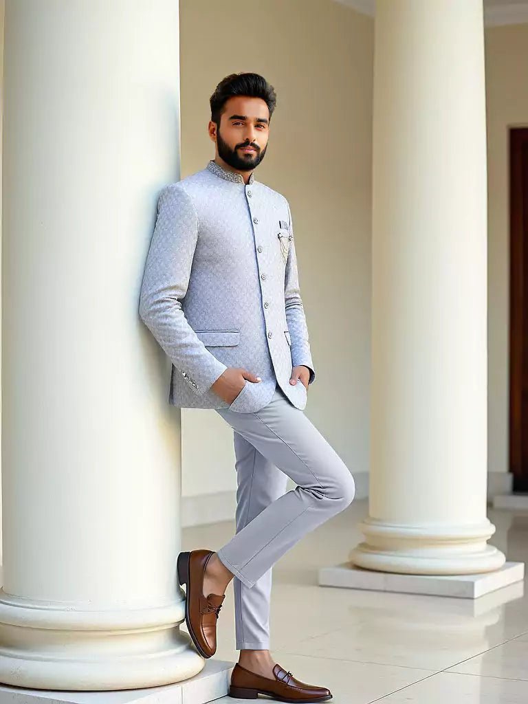 Image of Grey Self Weaving Patterned Jacquard Bandhgala Suit - South India Shopping Mall