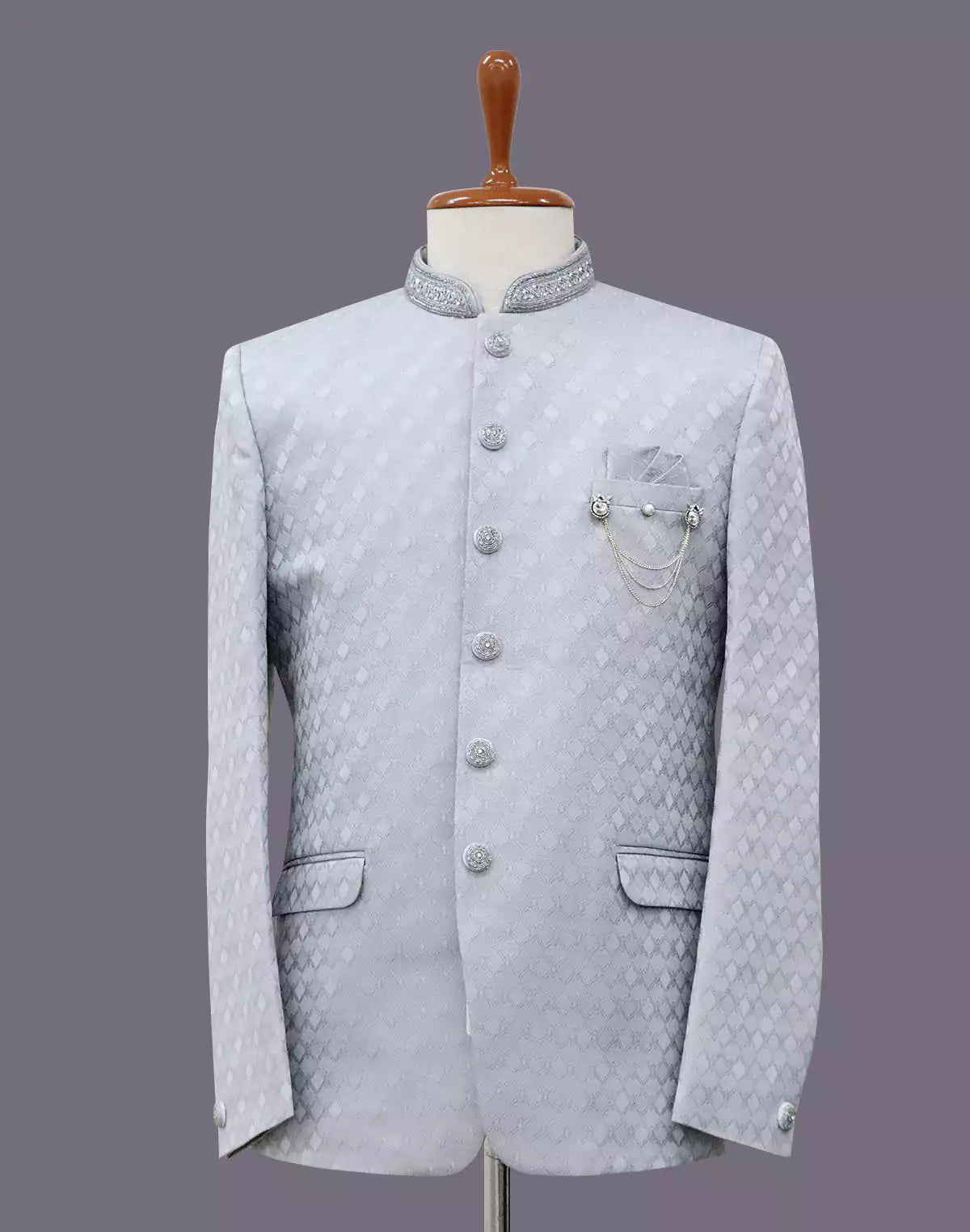 Image of Grey Self Weaving Patterned Jacquard Bandhgala Suit - South India Shopping Mall