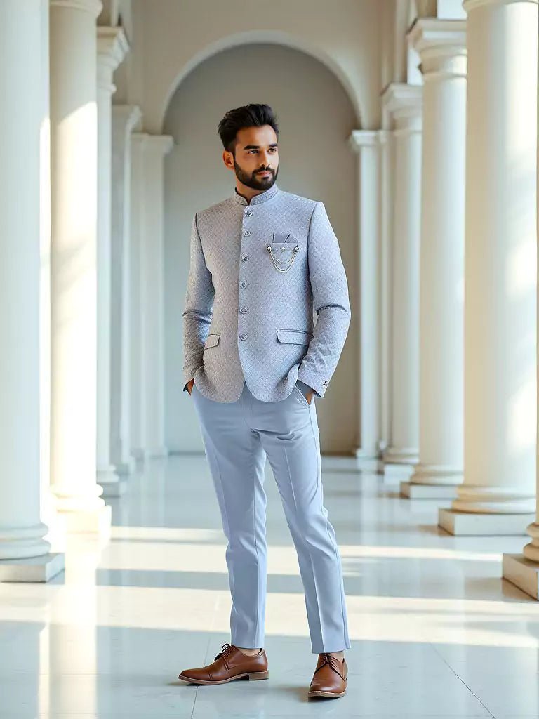 Image of Grey Self Weaving Patterned Jacquard Bandhgala Suit - South India Shopping Mall