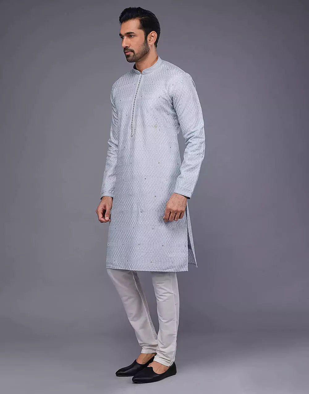 Image of Grey Sequence With Gota Patti Work Silk Kurta Pyjama Set - South India Shopping Mall