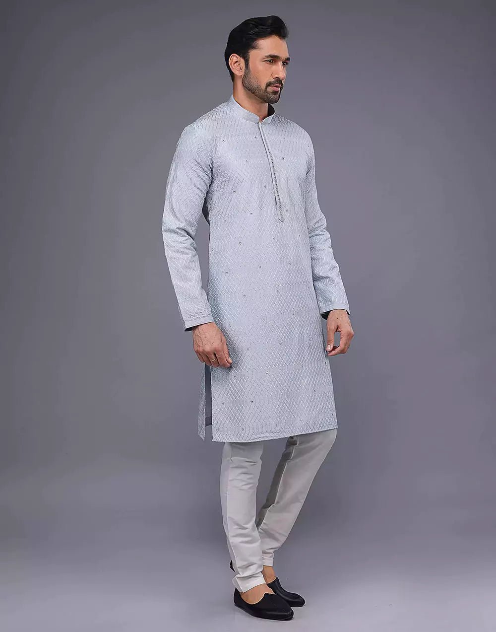 Image of Grey Sequence With Gota Patti Work Silk Kurta Pyjama Set - South India Shopping Mall