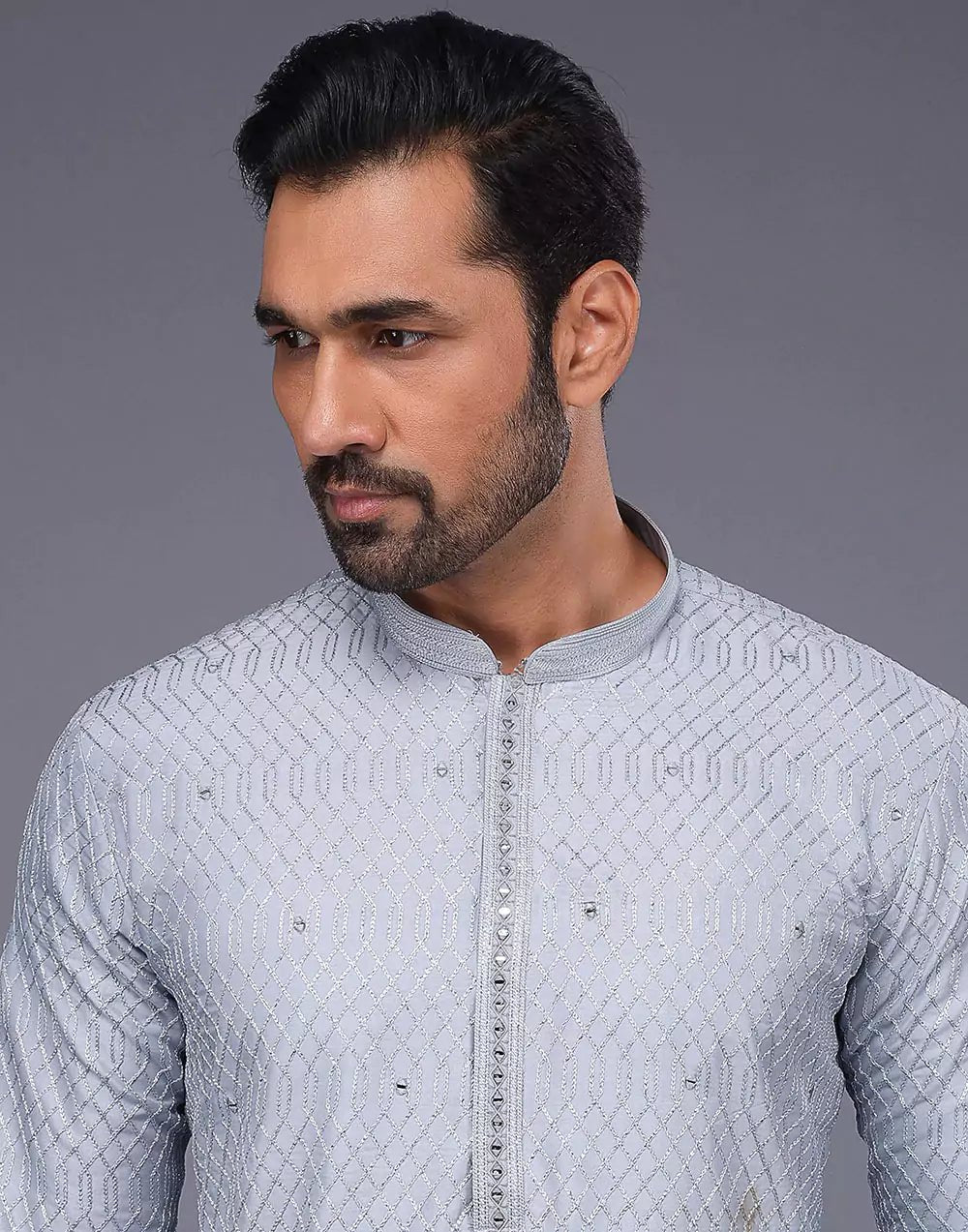 Image of Grey Sequence With Gota Patti Work Silk Kurta Pyjama Set - South India Shopping Mall