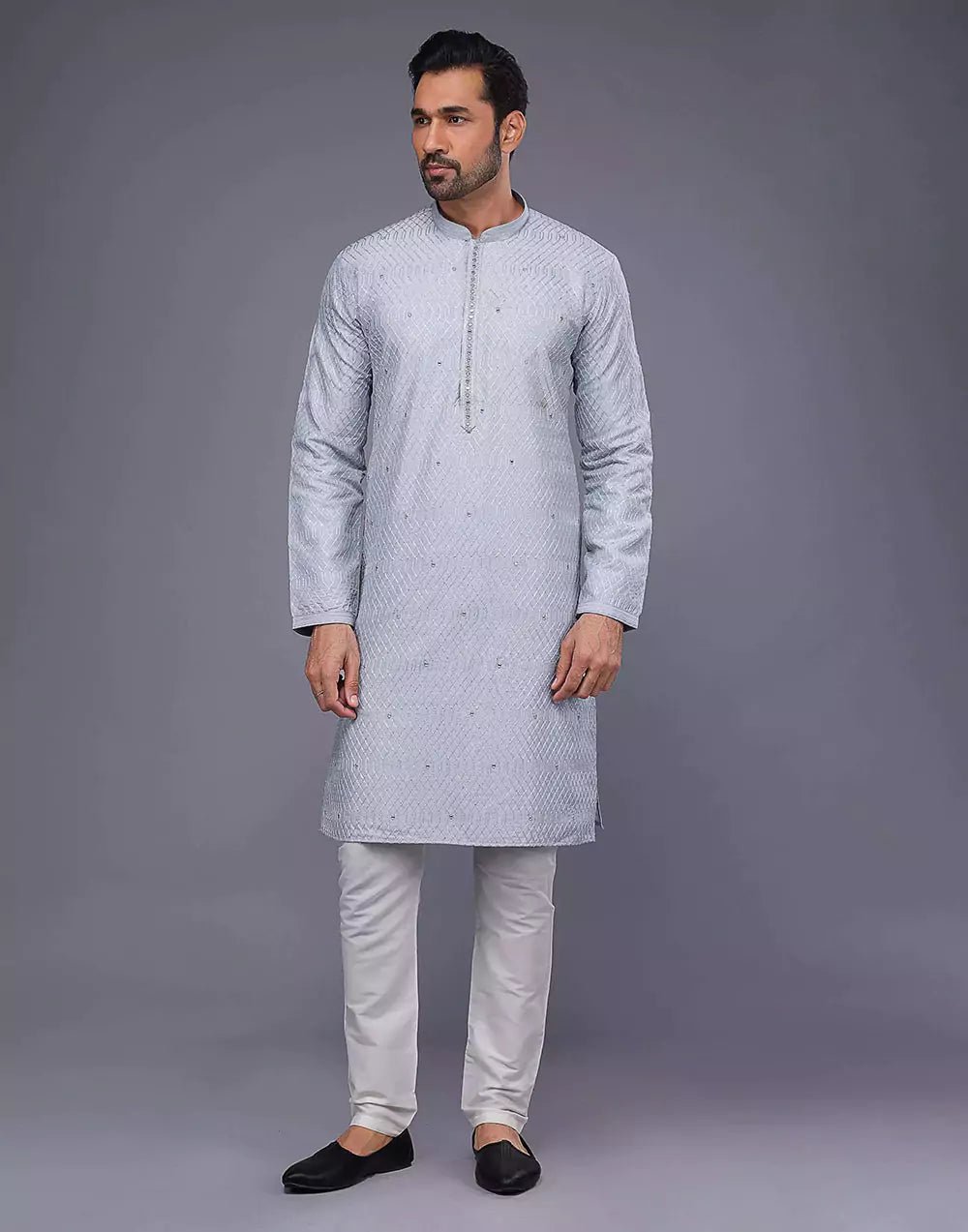 Image of Grey Sequence With Gota Patti Work Silk Kurta Pyjama Set - South India Shopping Mall