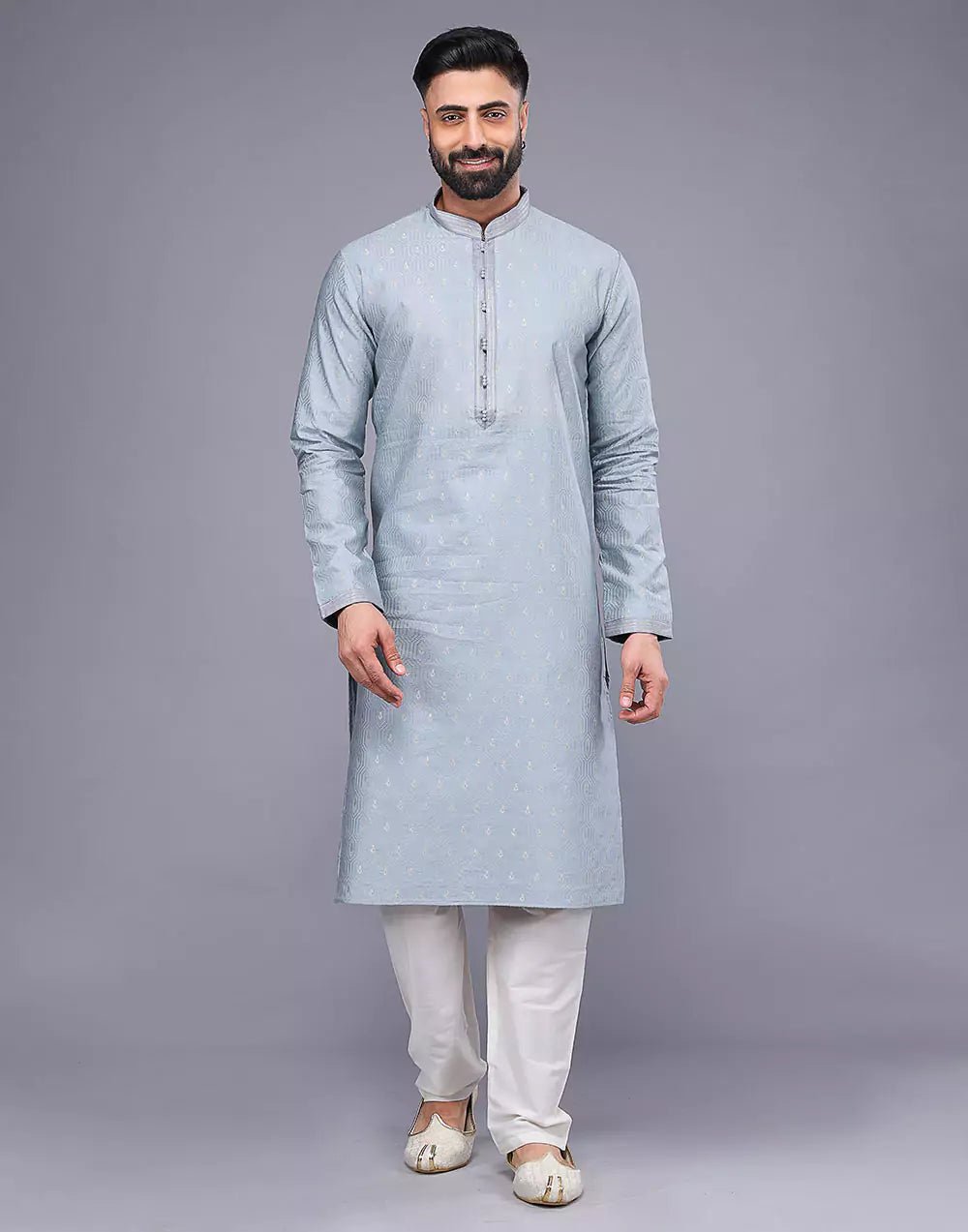Image of Grey Small Embroidery Butta Design Soft Silk Kurta Pyjama Set - South India Shopping Mall
