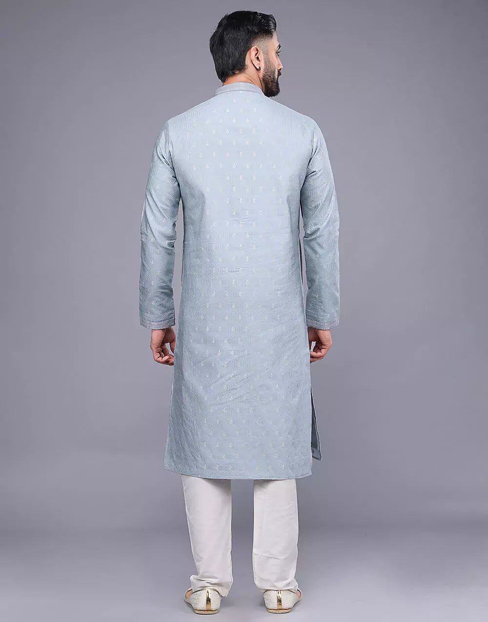 Image of Grey Small Embroidery Butta Design Soft Silk Kurta Pyjama Set - South India Shopping Mall