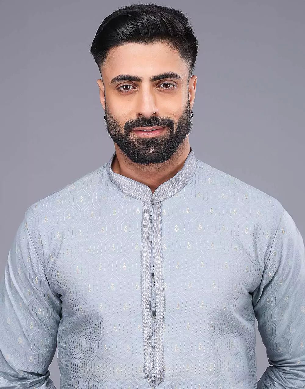 Image of Grey Small Embroidery Butta Design Soft Silk Kurta Pyjama Set - South India Shopping Mall