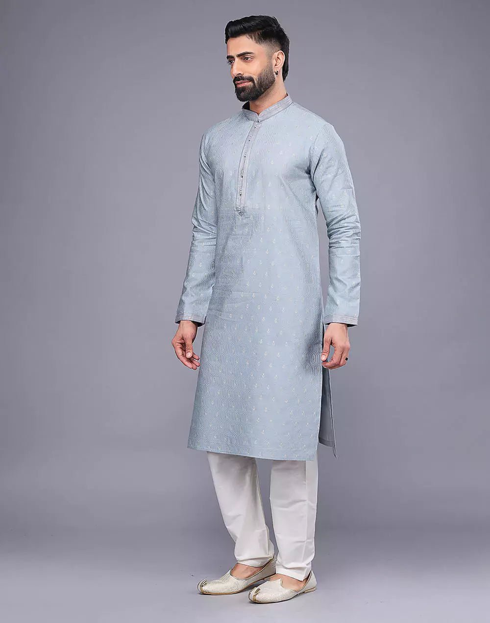 Image of Grey Small Embroidery Butta Design Soft Silk Kurta Pyjama Set - South India Shopping Mall