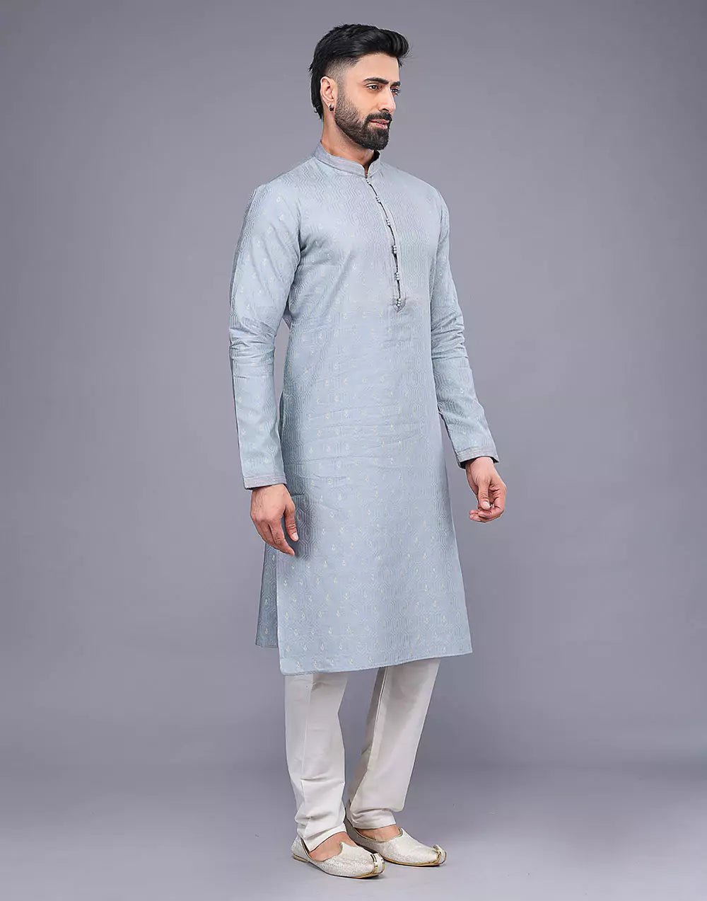 Image of Grey Small Embroidery Butta Design Soft Silk Kurta Pyjama Set - South India Shopping Mall