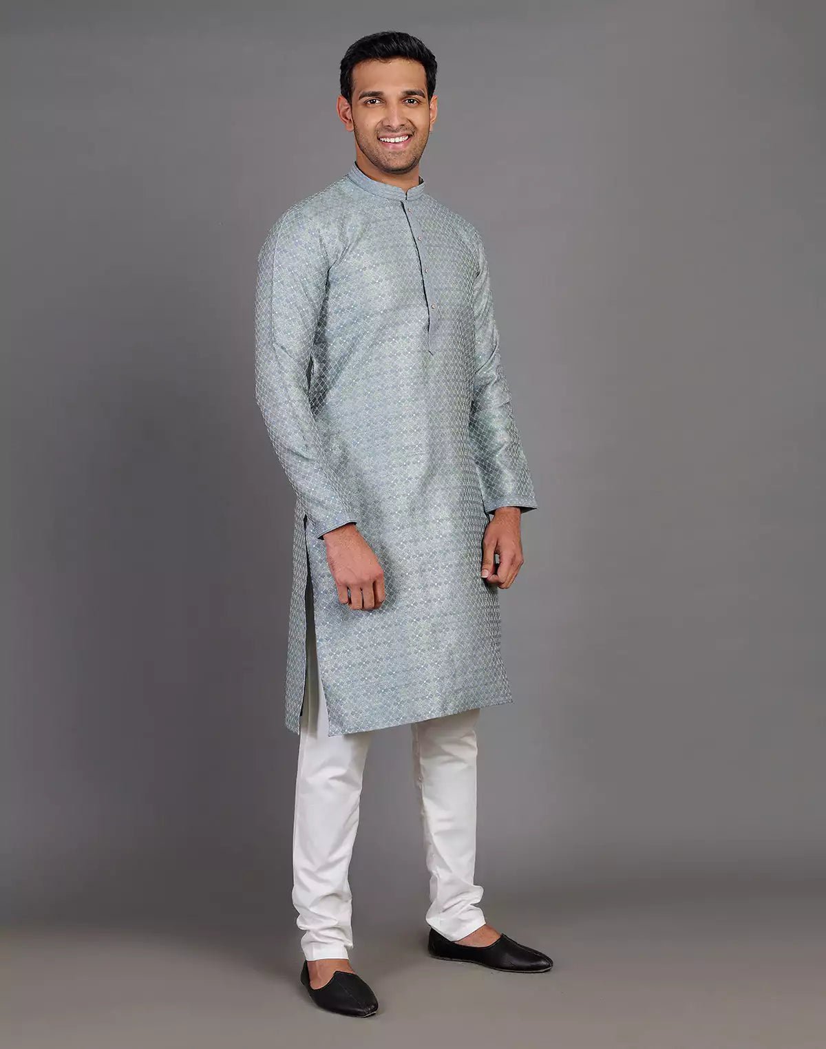 Image of Grey Thread With Brocade Design Soft Silk Kurta Set - South India Shopping Mall