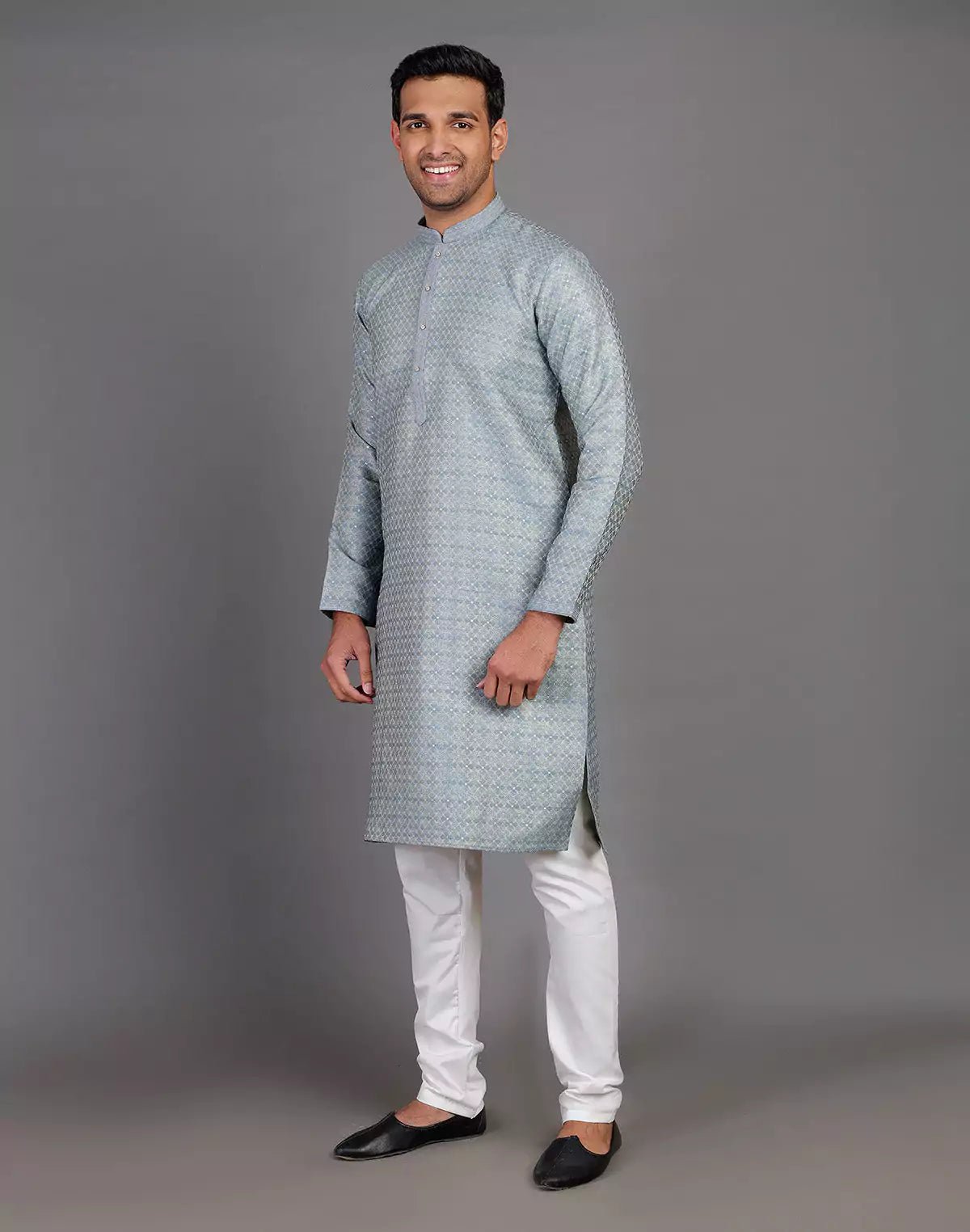 Image of Grey Thread With Brocade Design Soft Silk Kurta Set - South India Shopping Mall