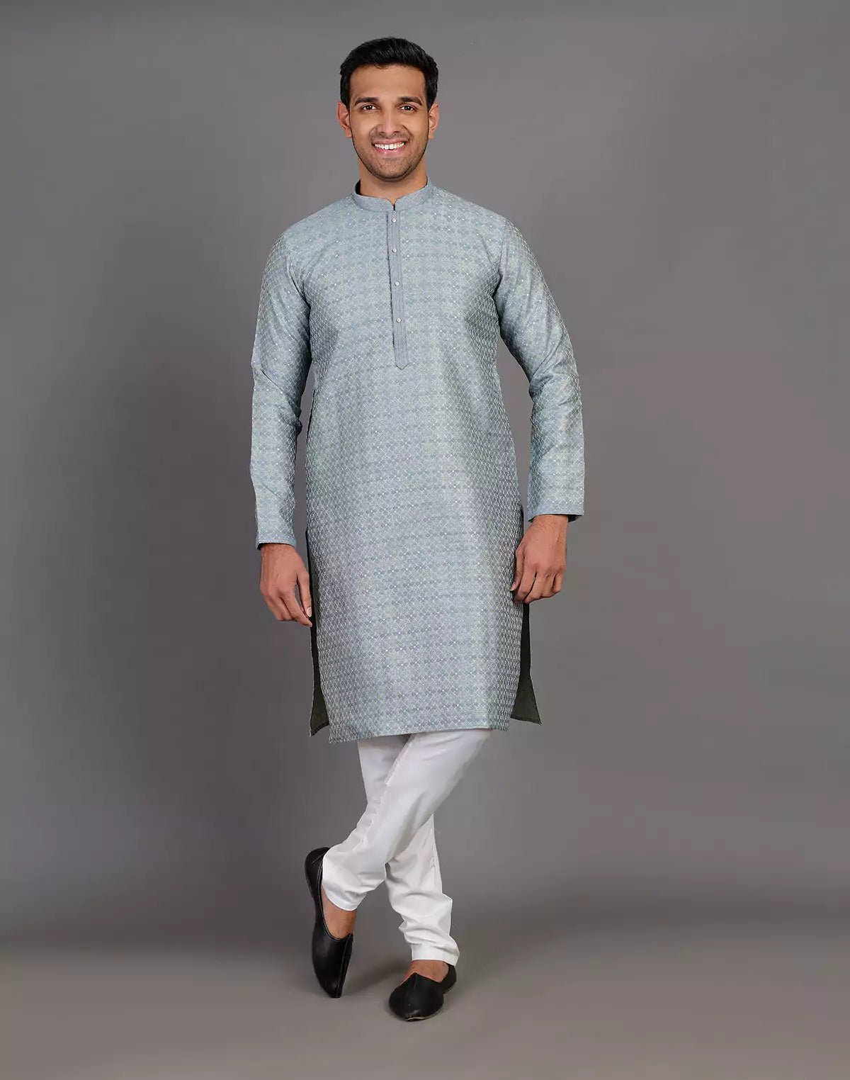 Image of Grey Thread With Brocade Design Soft Silk Kurta Set - South India Shopping Mall