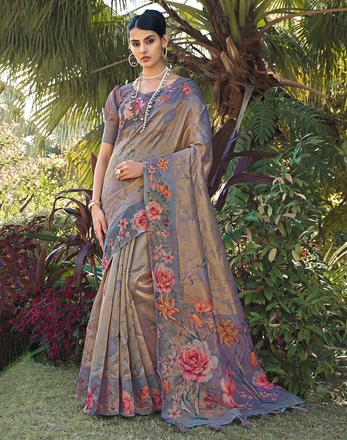 Image of Grey Tissue Fabric Saree - South India Shopping Mall