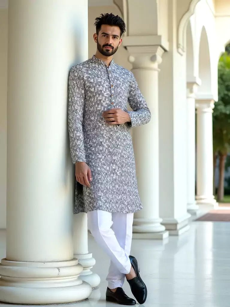 Image of Grey Zig Zag Patterned Cotton Silk Kurta - South India Shopping Mall