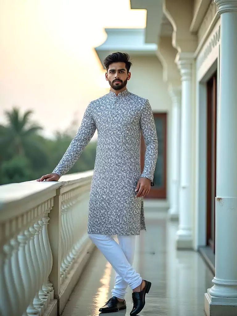 Image of Grey Zig Zag Patterned Cotton Silk Kurta - South India Shopping Mall