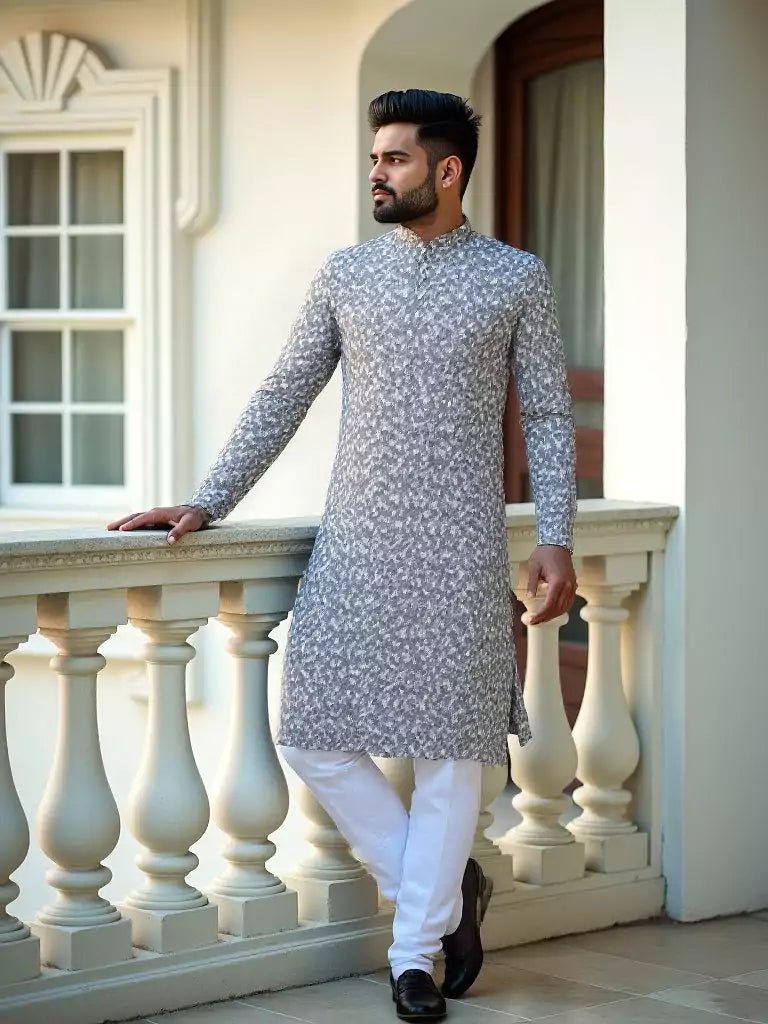 Image of Grey Zig Zag Patterned Cotton Silk Kurta - South India Shopping Mall