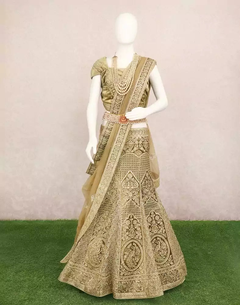 Image of Designer party wear light Mehendi Green Floral Stones work fully flared Velvet cloth Half Saree
