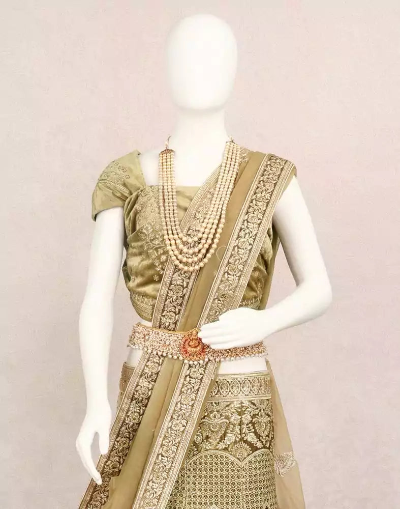 Image of Designer party wear light Mehendi Green Floral Stones work fully flared Velvet cloth Half Saree