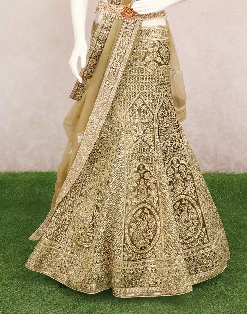 Image of Designer party wear light Mehendi Green Floral Stones work fully flared Velvet cloth Half Saree