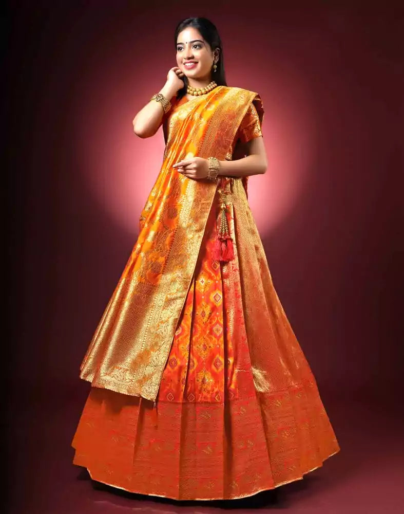 Image of Beautiful Party Wear Orange and Red Coloured Half Saree Set