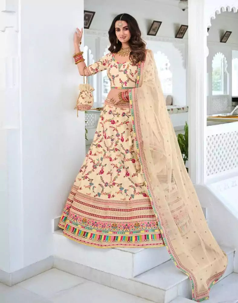 Image of Elegant Cream Floral Raw Silk embroidered Half Saree