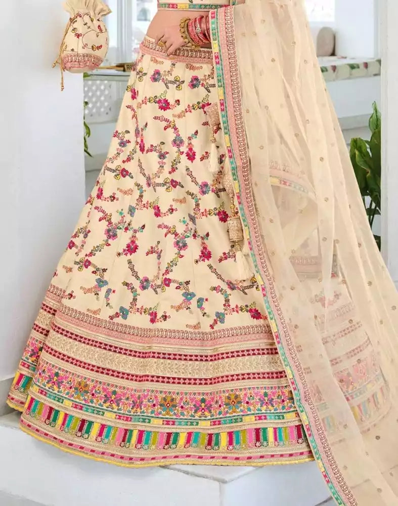 Image of Elegant Cream Floral Raw Silk embroidered Half Saree
