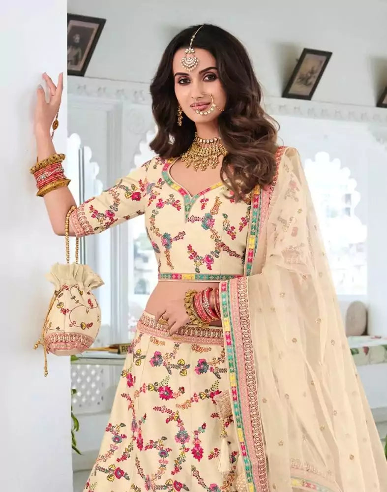 Image of Elegant Cream Floral Raw Silk embroidered Half Saree