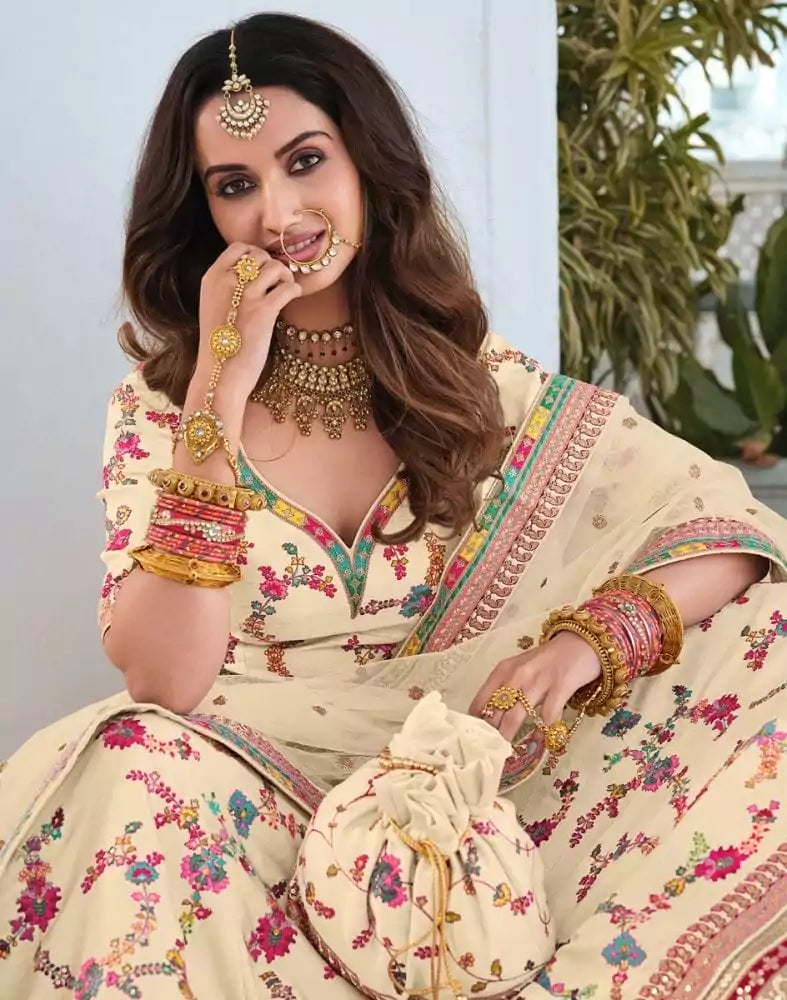 Image of Elegant Cream Floral Raw Silk embroidered Half Saree