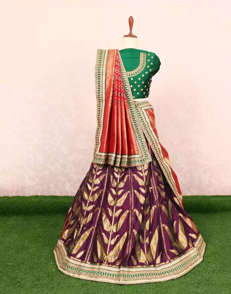 Image of Violet Botanical Banaras Silk heavy zari Half Saree